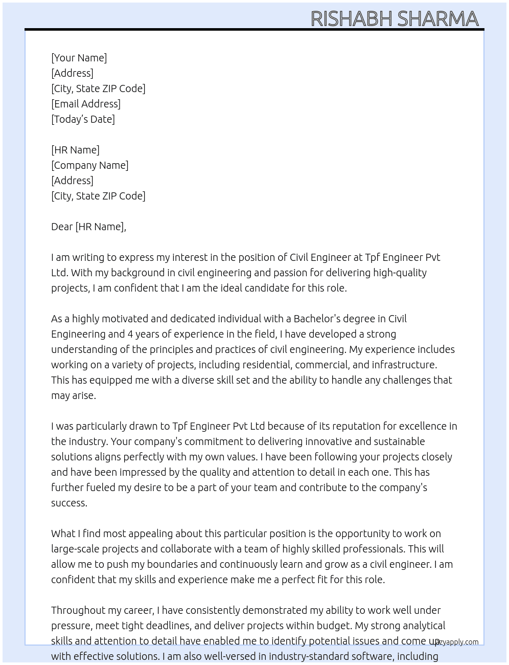 Civil engineer  At Tpf engineer pvt ltd Cover Letter