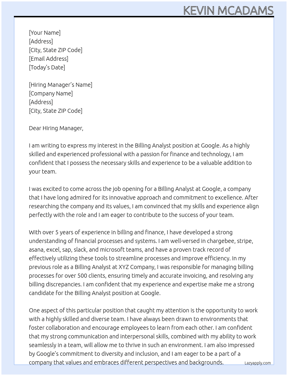 Billing Analyst At google Cover Letter