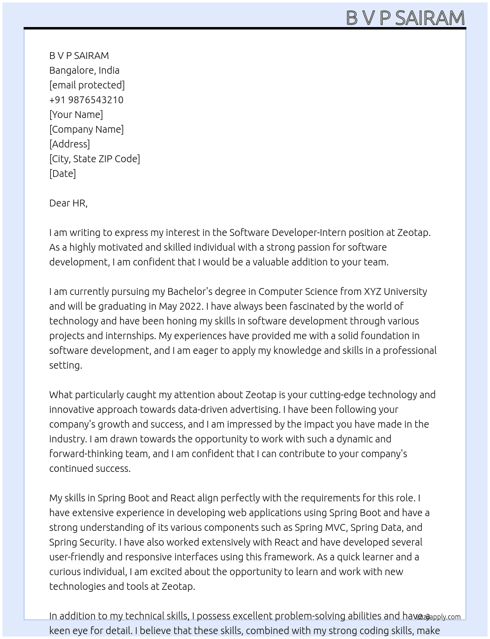 sotware developer -intern At Zeotap Cover Letter