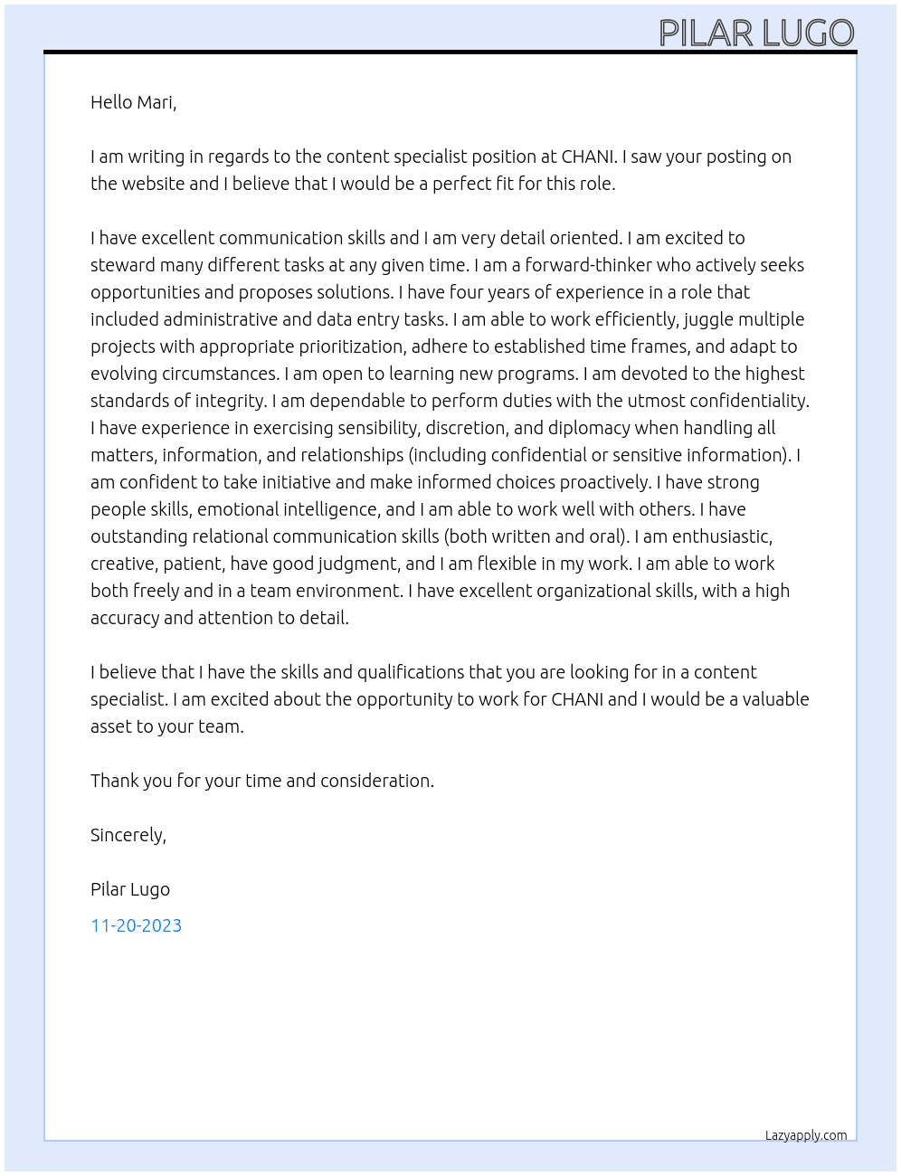 Content Specialist At CHANI Cover Letter