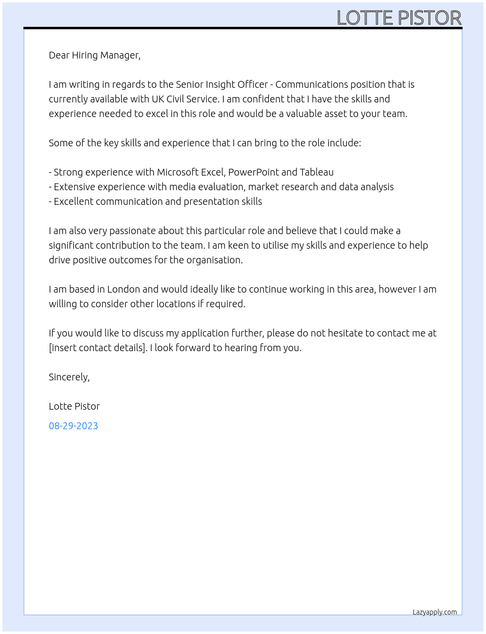 Senior Insight Officer - Communications At UK Civil Service Cover Letter