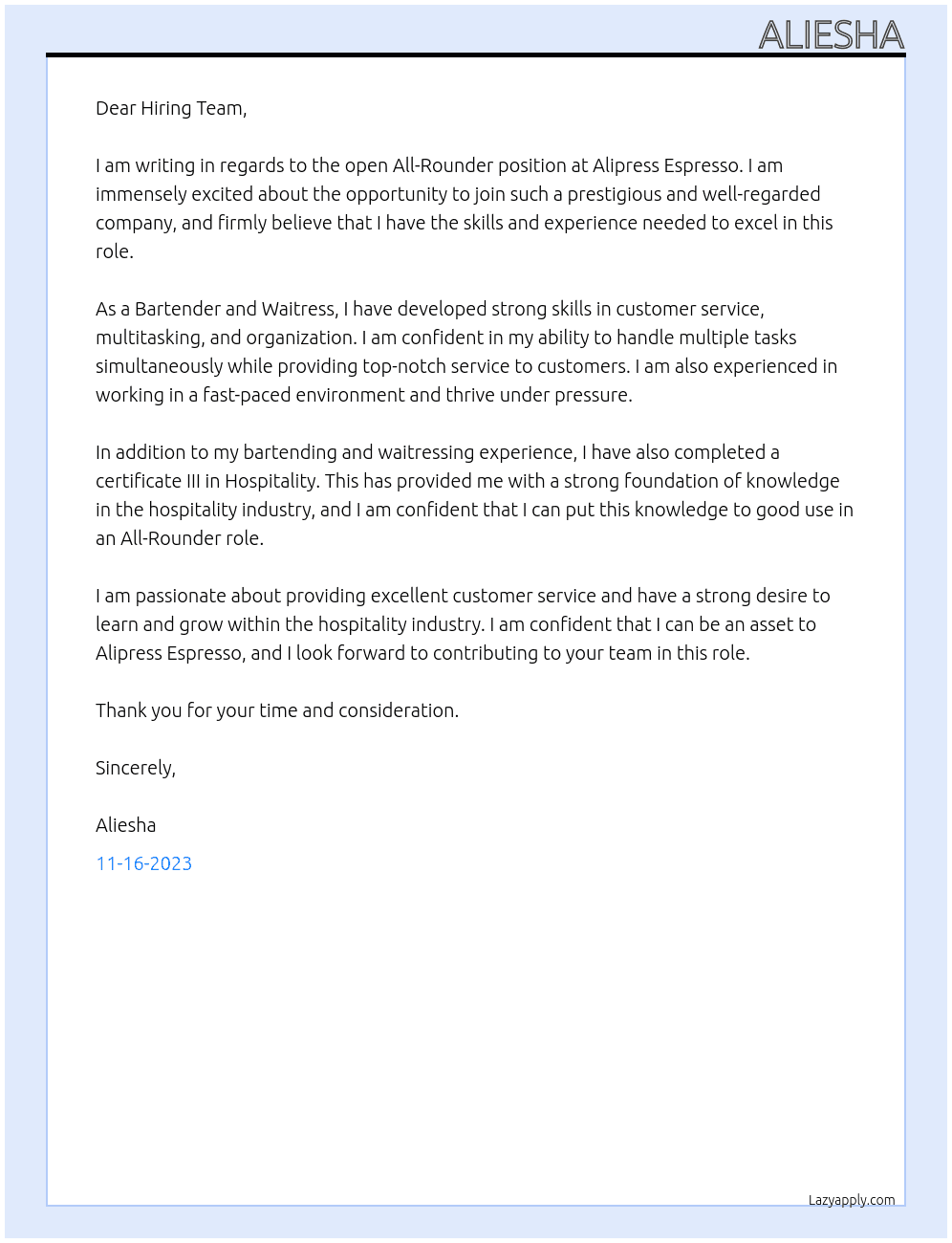 All rounder At Alipress Espresso  Cover Letter