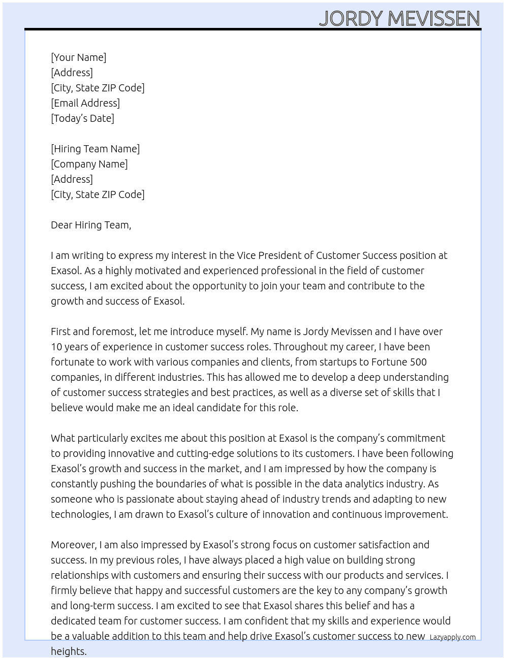 Vice President of Customer Success At Exasol Cover Letter