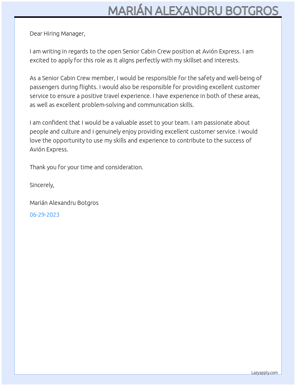 Senior cabin crew  At Avión express  Cover Letter