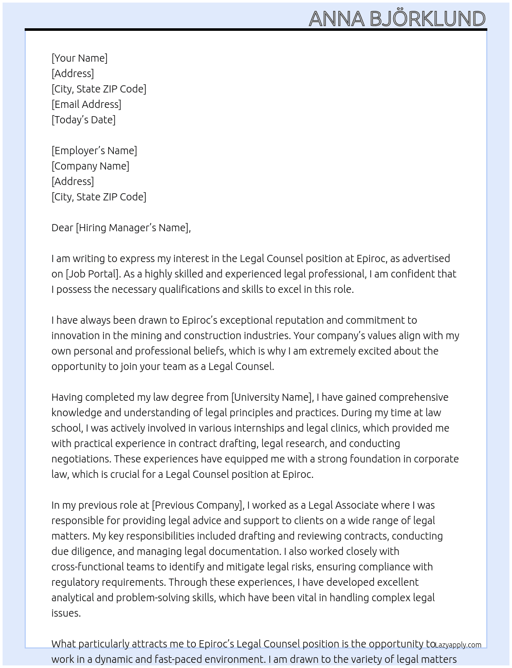 Legal Counsel At Epiroc Cover Letter