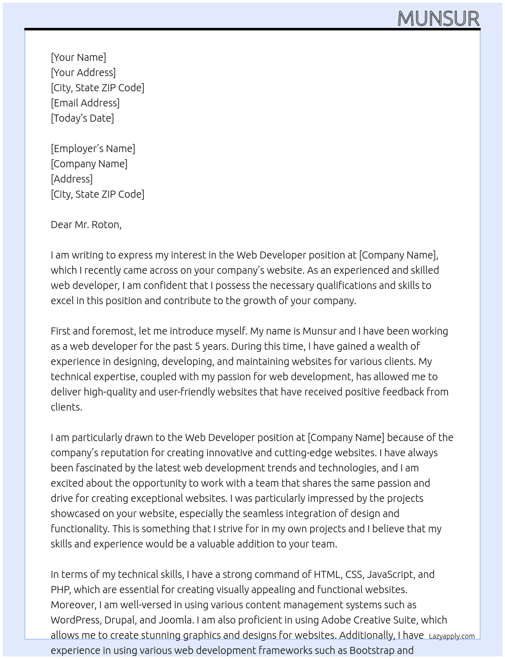 Web Developer  At Web developer Cover Letter