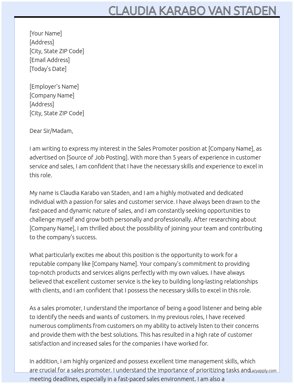 Sales promoter At Recruiter Cover Letter