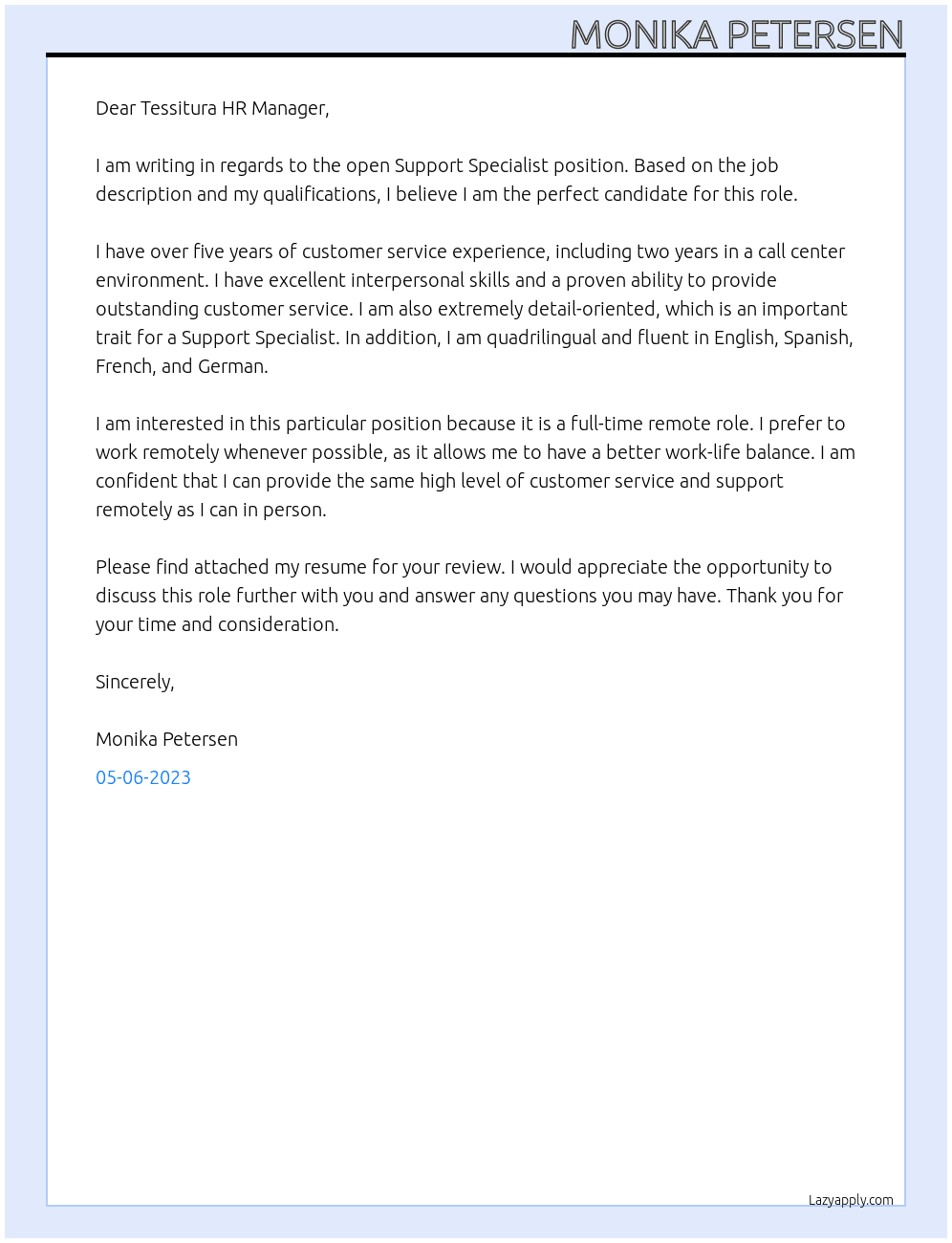 Support specialist At Tessitura Cover Letter