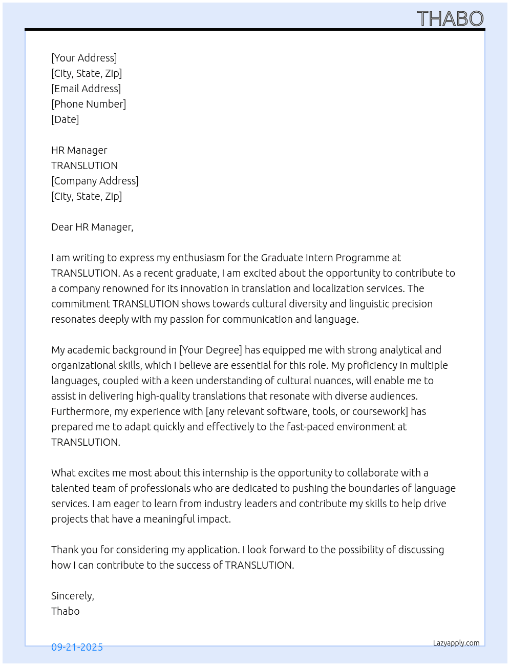 Graduate Intern Programme At TRANSLUTION Cover Letter