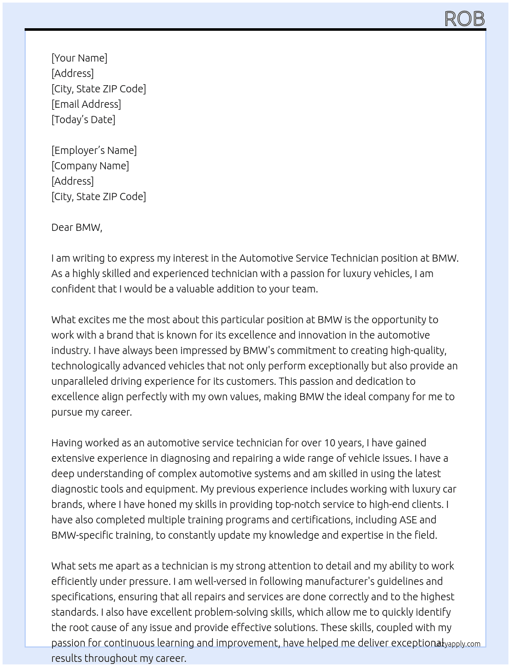 Cover letter for automotive service technician - LazyApply