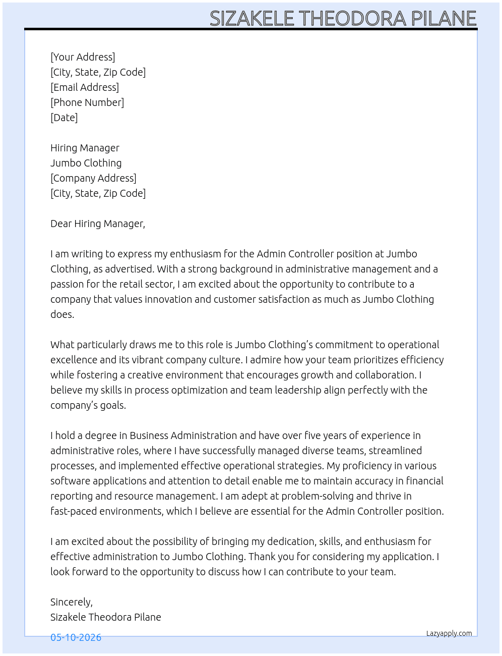 Admin controller  At Jumbo clothing  Cover Letter