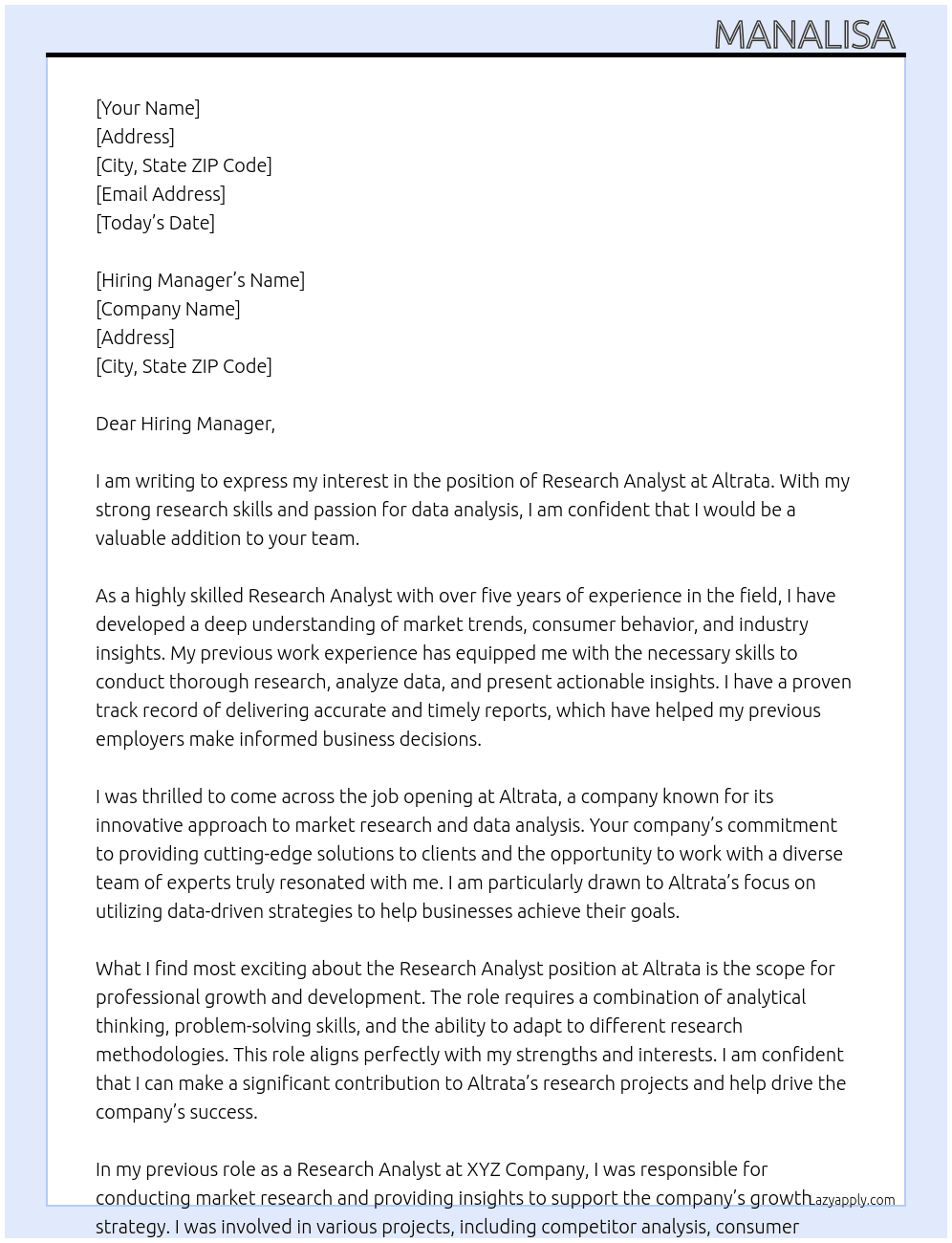 Research Analyst  At Altrata  Cover Letter