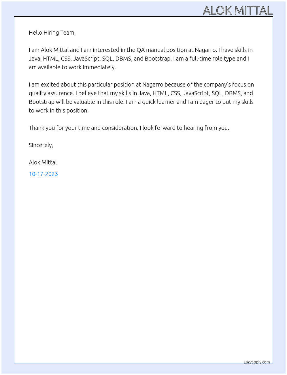 QA manual  At Nagarro Cover Letter