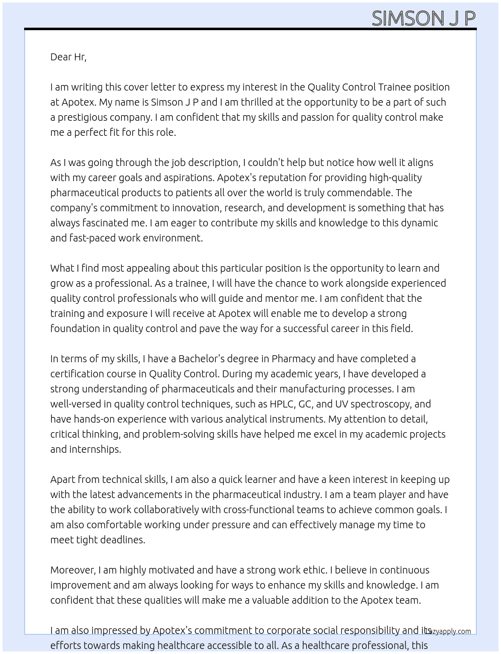 Quality control - trainee  At Apotex Cover Letter
