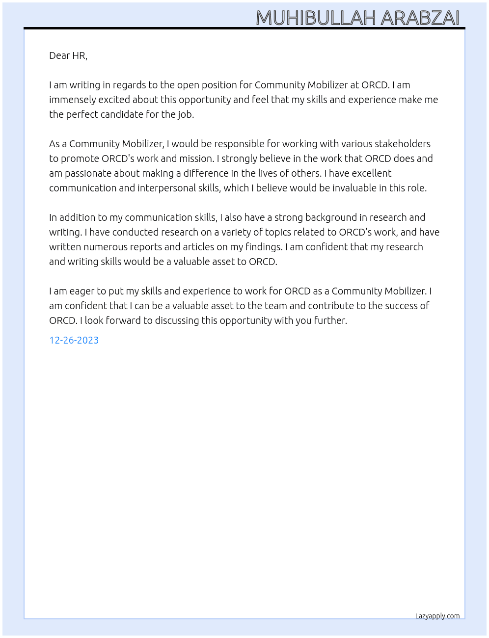 Community Mobilizer  At ORCD Cover Letter