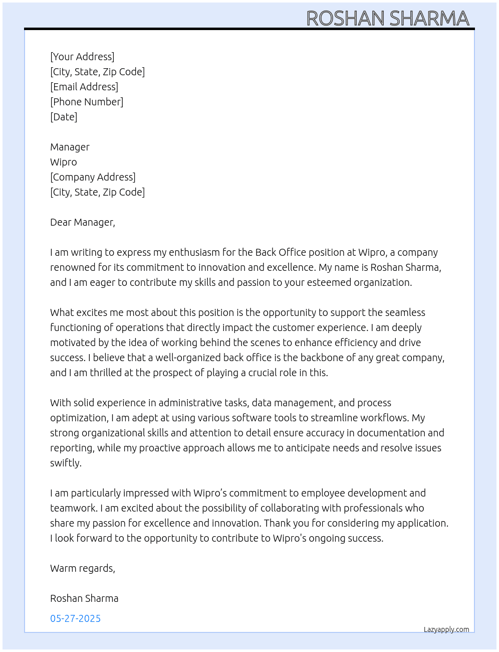 Back office  At Wipro  Cover Letter
