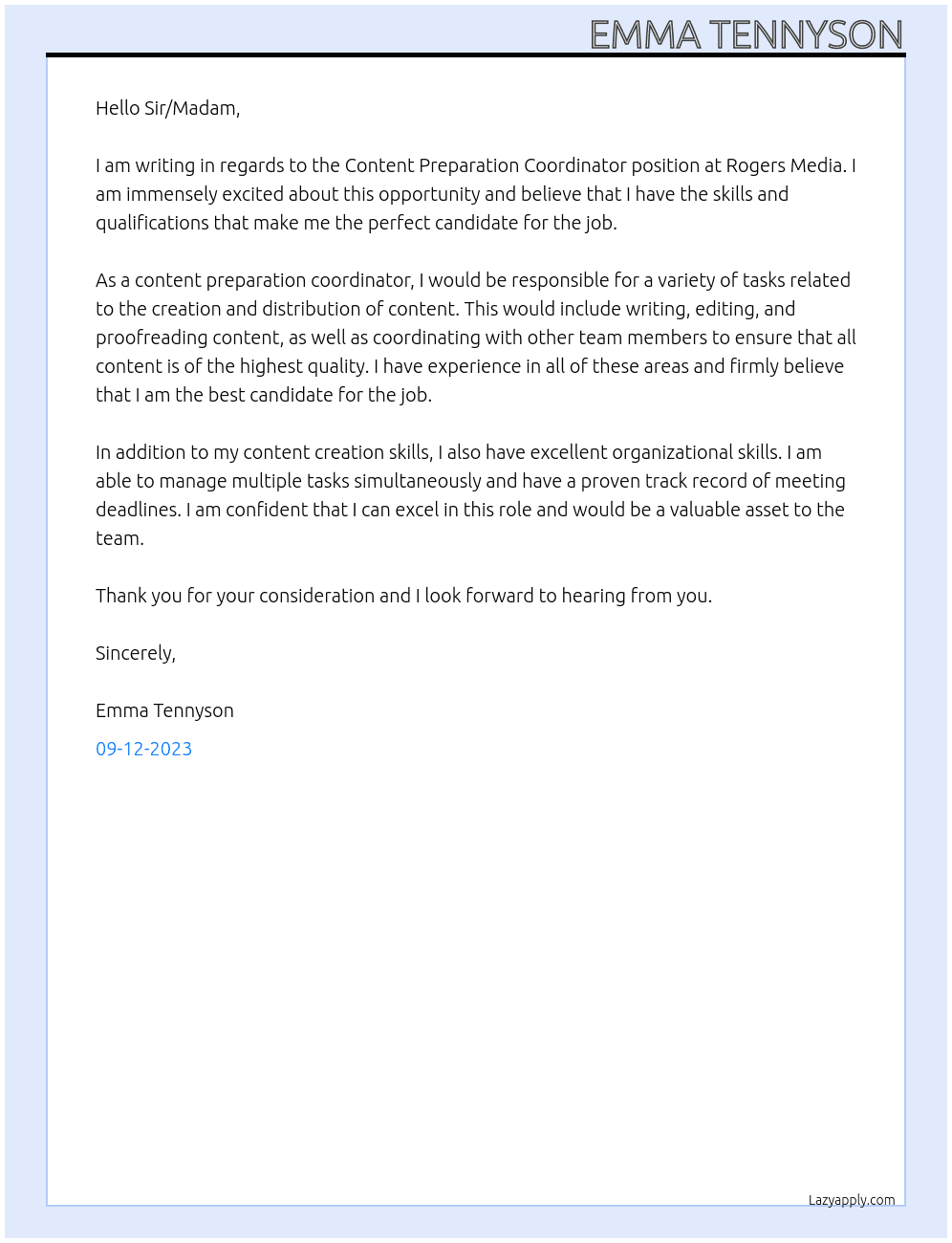 Content Preparation Coordinator  At Rogers Media Cover Letter