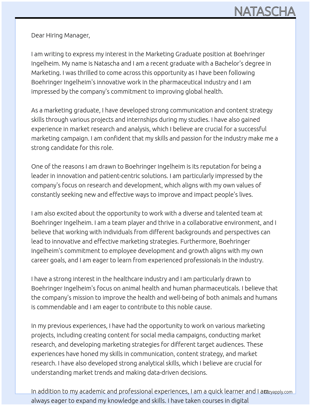 Marketing Graduate At Boehringer Ingelheim Cover Letter