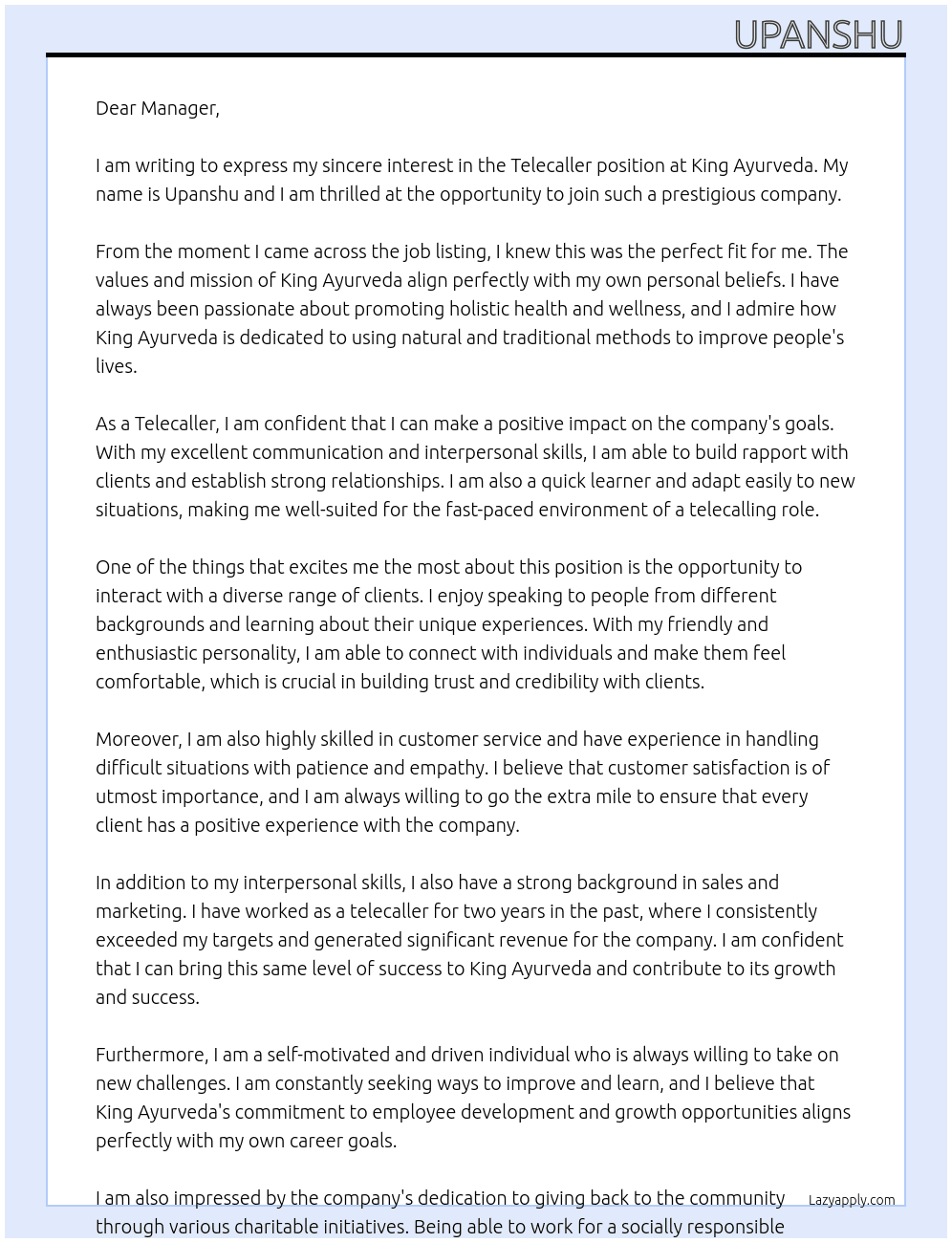 Telecaller At King ayurveda Cover Letter