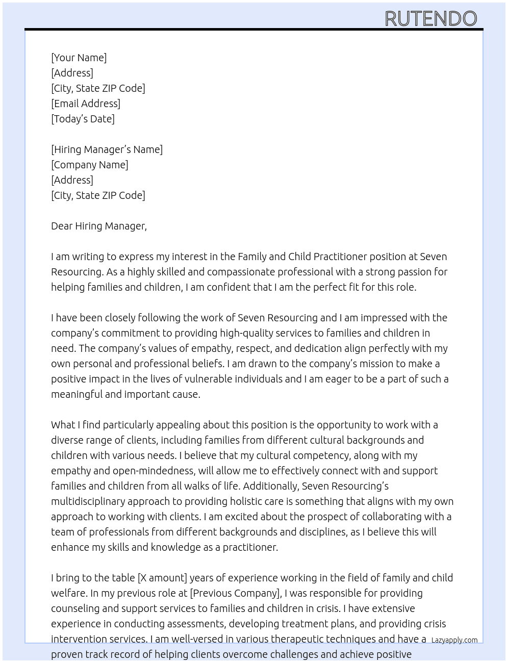family and child practitioner  At Seven resourcing  Cover Letter