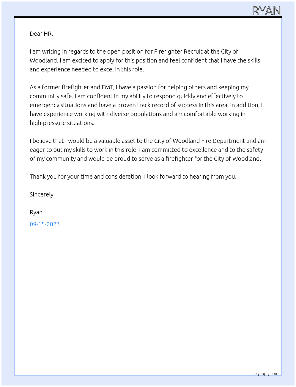 Firefighter Recruit At City of Woodland Cover Letter