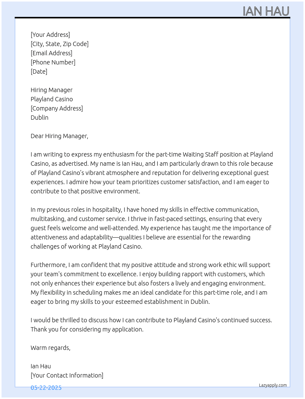 Waiting Staff At Playland Casino Cover Letter