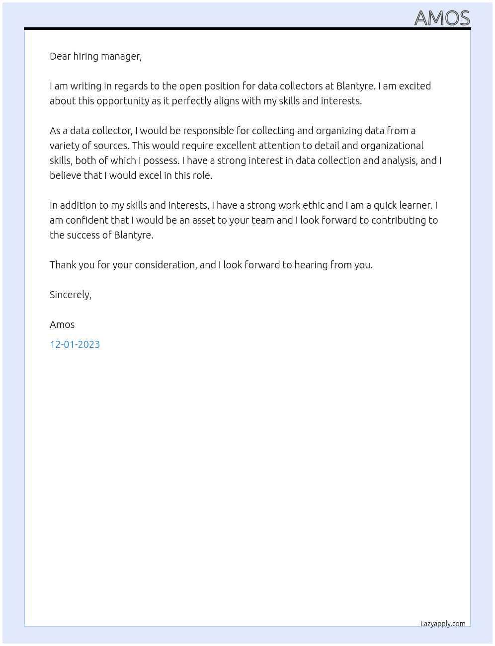 Data collectors  At Blantyre  Cover Letter