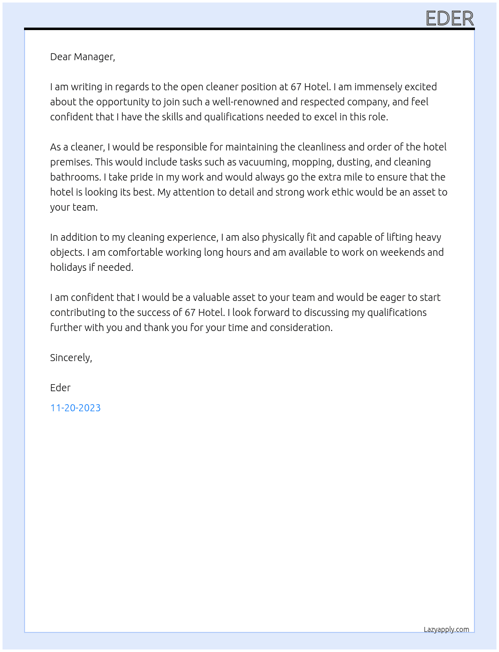 CLEANER At 67 Hotel Cover Letter