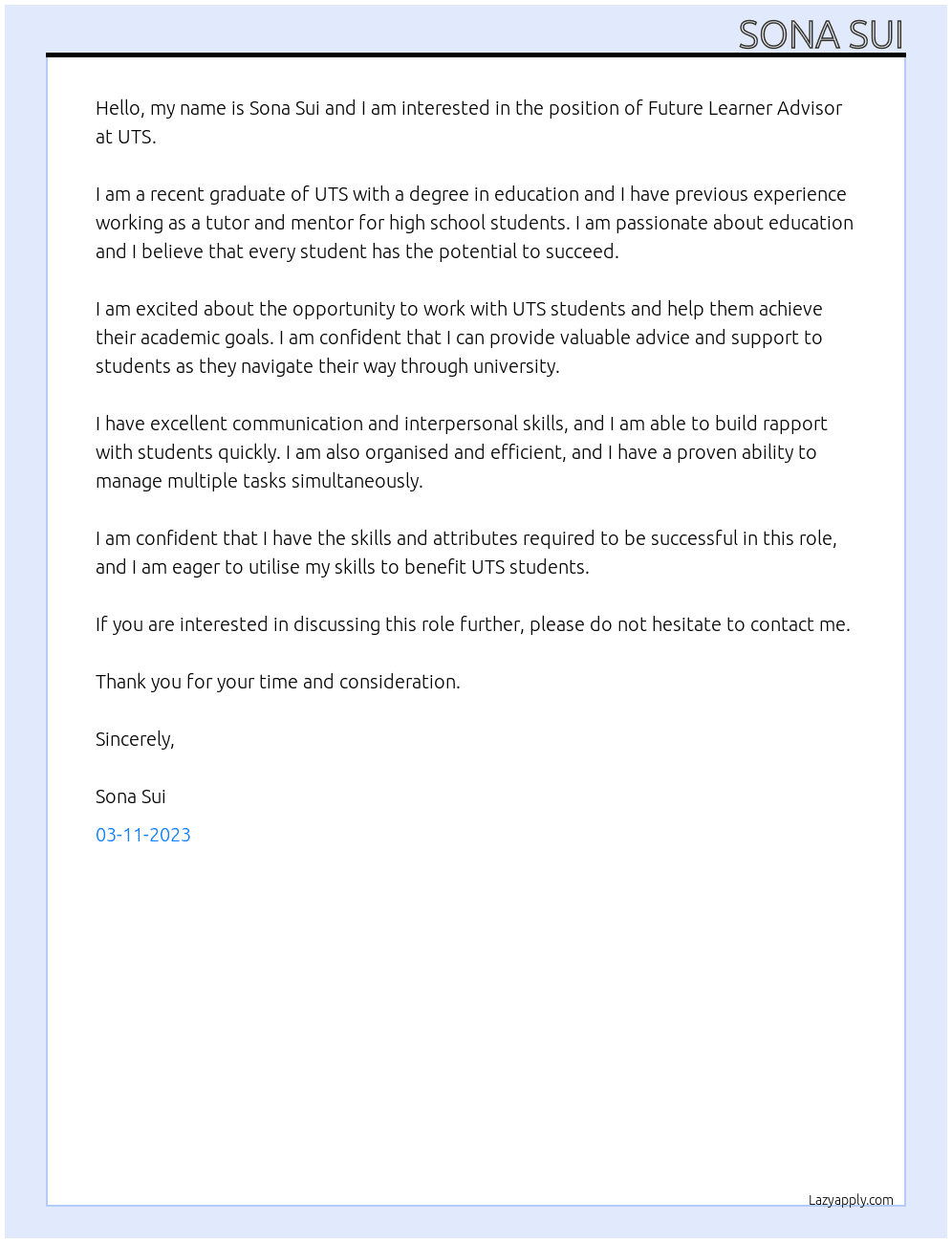 Future Learner Advisor At UTS Cover Letter