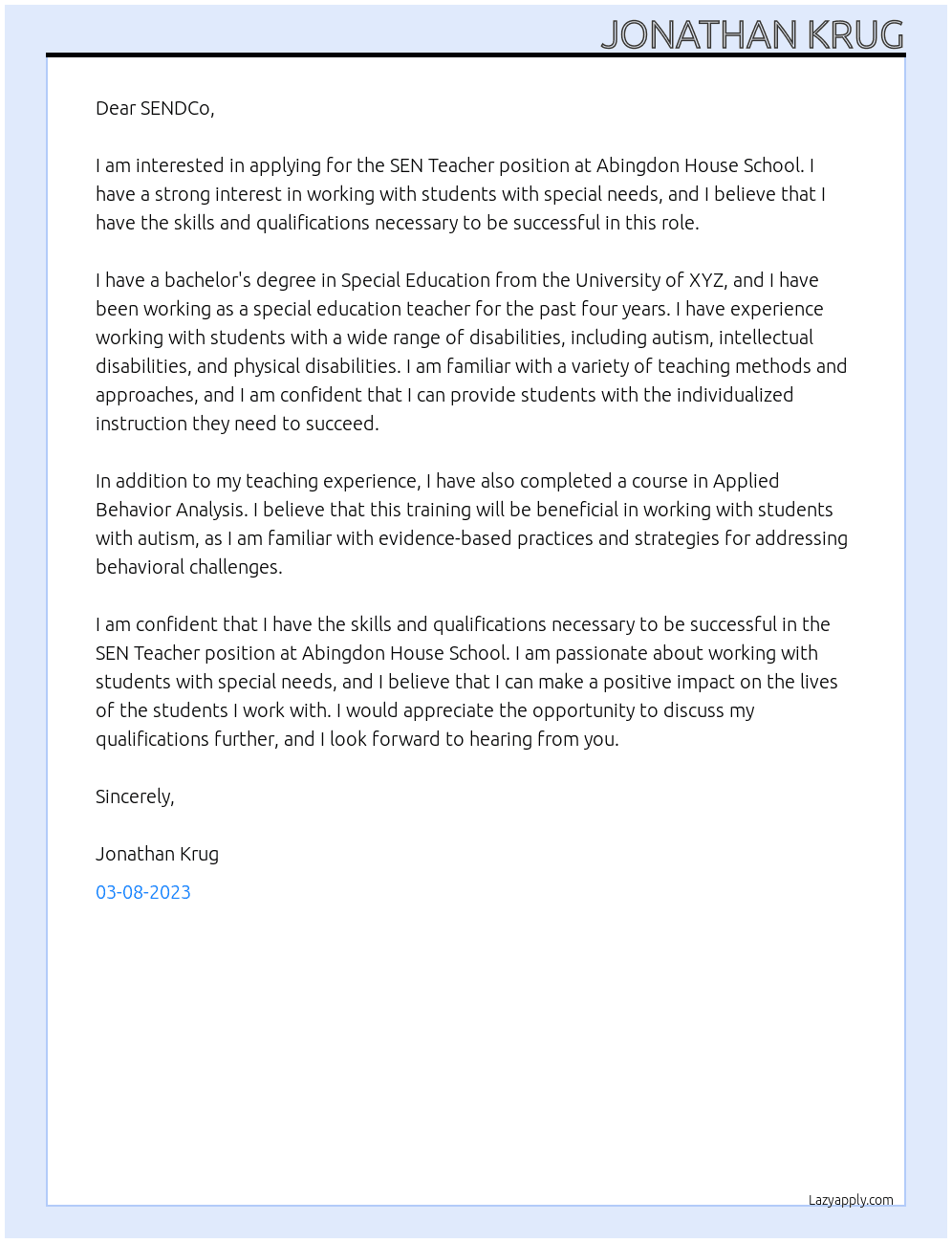 SEN Teacher At Abingdon House School Cover Letter