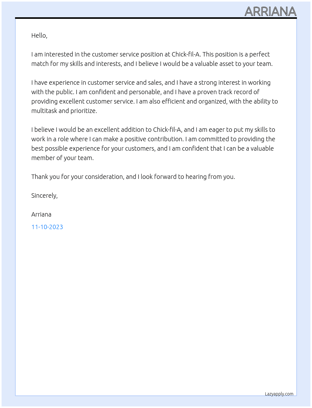 costumer service  At chick fa li Cover Letter