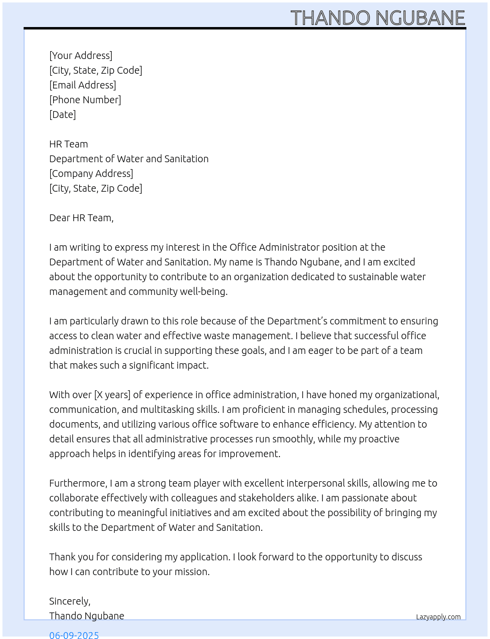 office admin At Department of water and sanitation Cover Letter