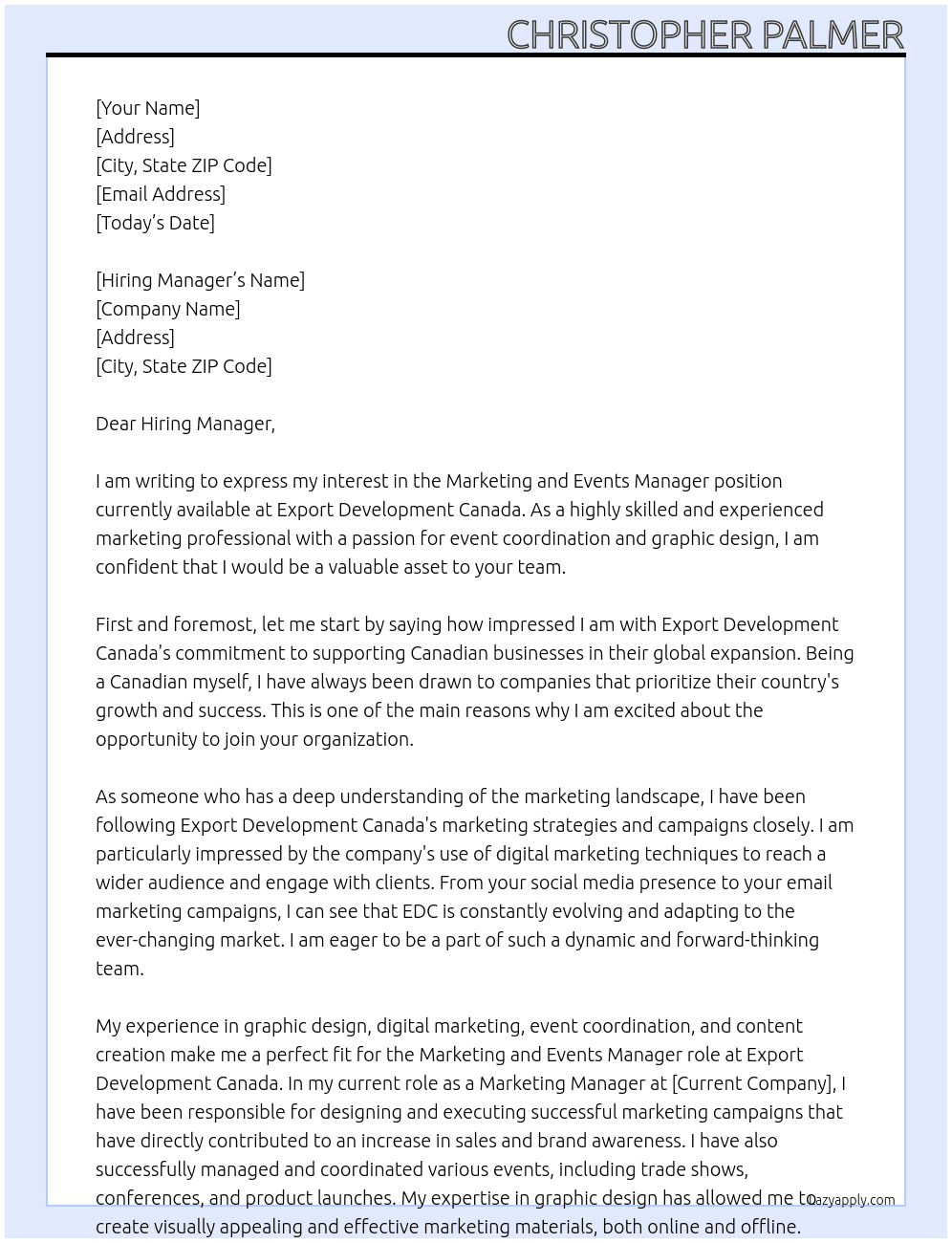 Marketing and Events Manager At Export Development Canada Cover Letter