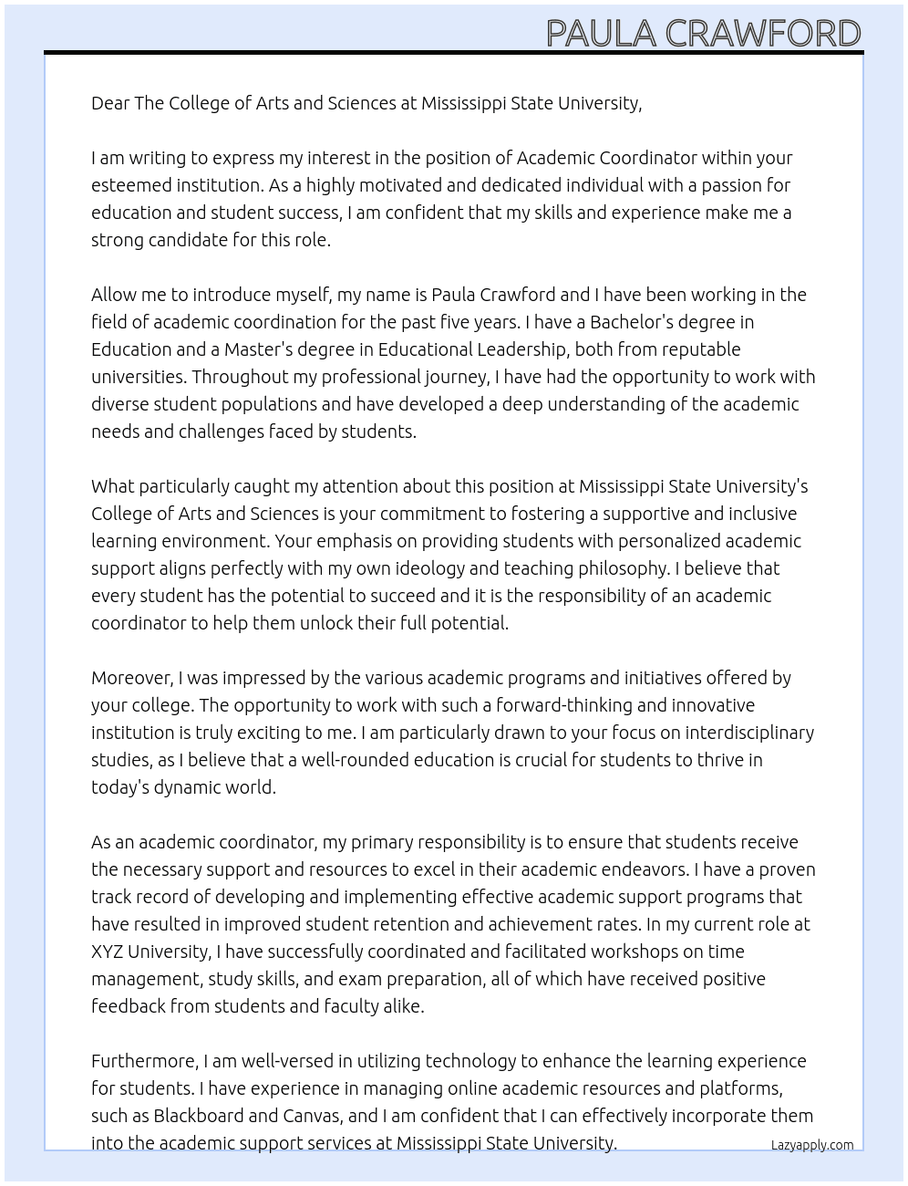 Academic coordinator At Mississippi State university Cover Letter