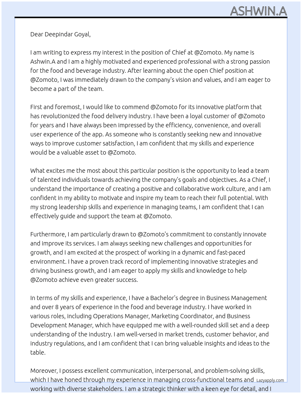 Chief  At @Zomoto Cover Letter