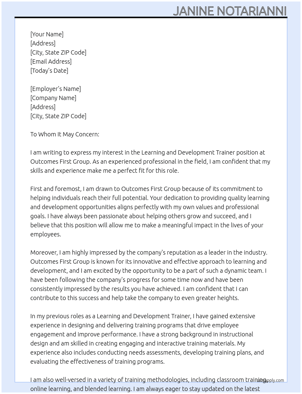 Learning and Development Trainer At Outcomes first group Cover Letter