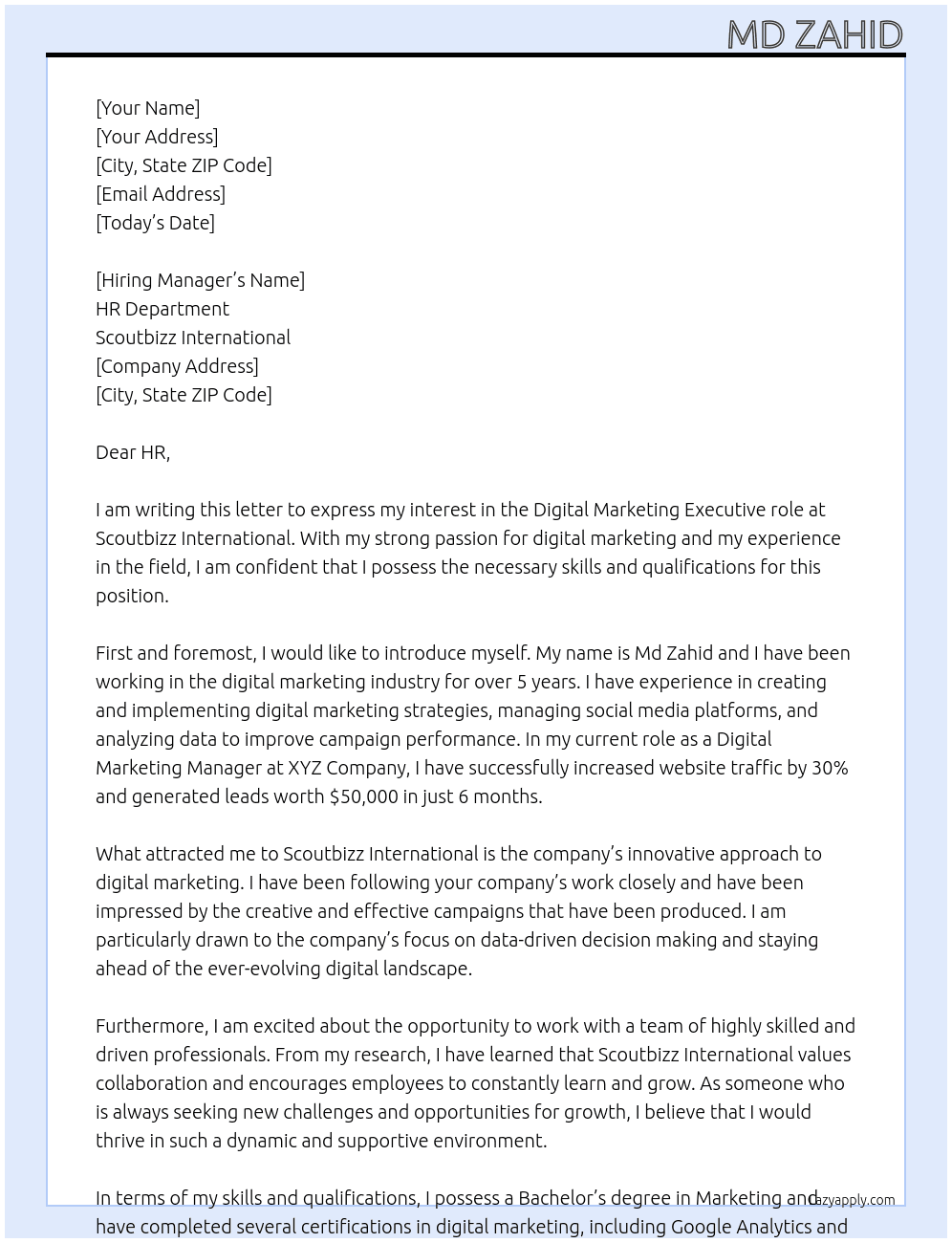 Digital marketing  At Scoutbizz International Cover Letter