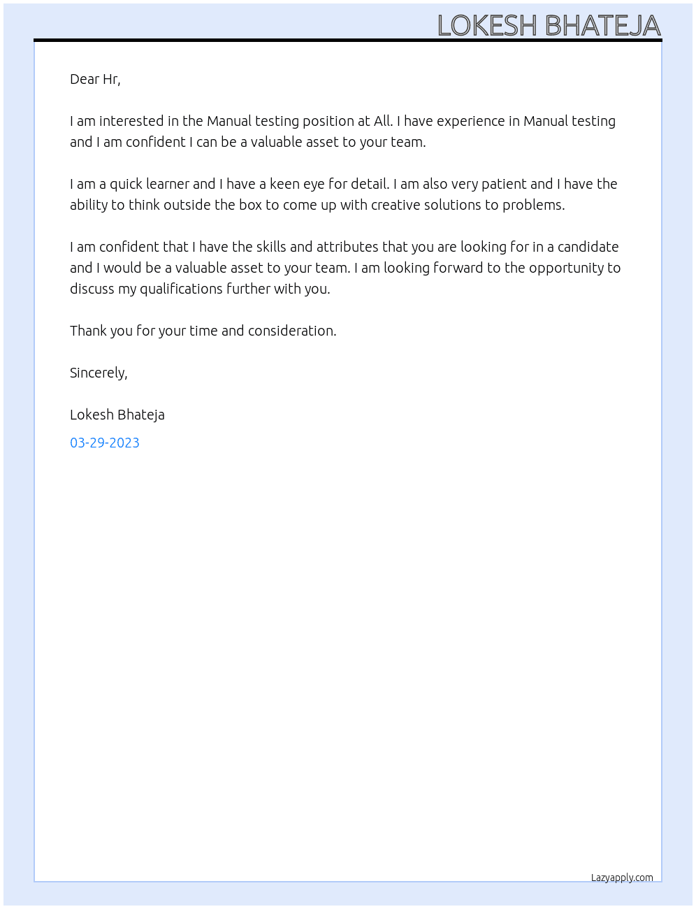 Manual testing At All Cover Letter