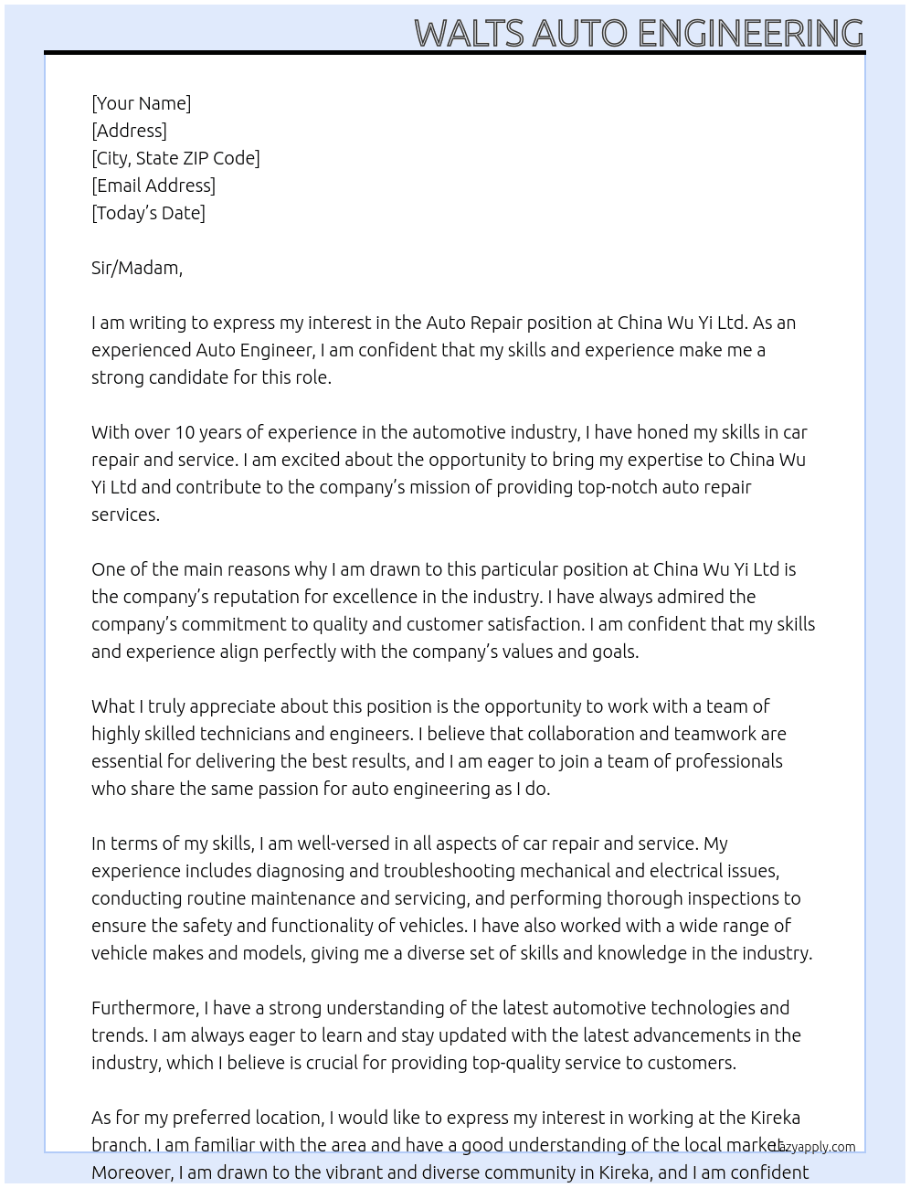 Auto repair At China wu yi Ltd Cover Letter