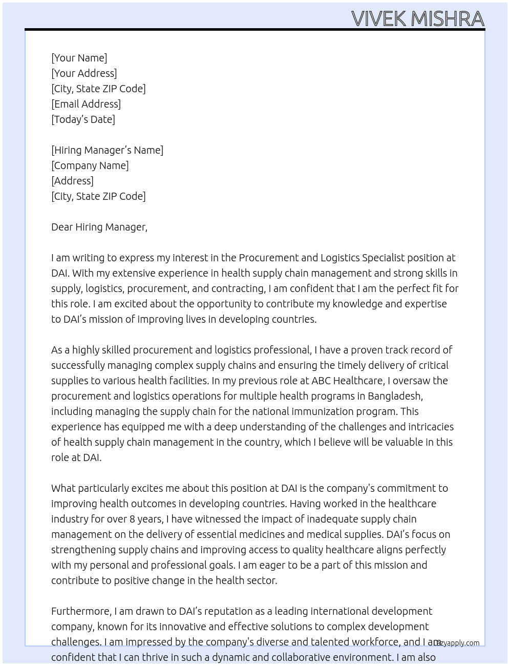 Procurement and Logistics Specialist At DAI Cover Letter