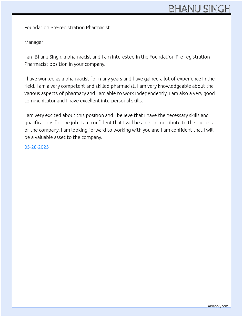 Pharmacist At Foundation Pre-registration Pharmacist  Cover Letter