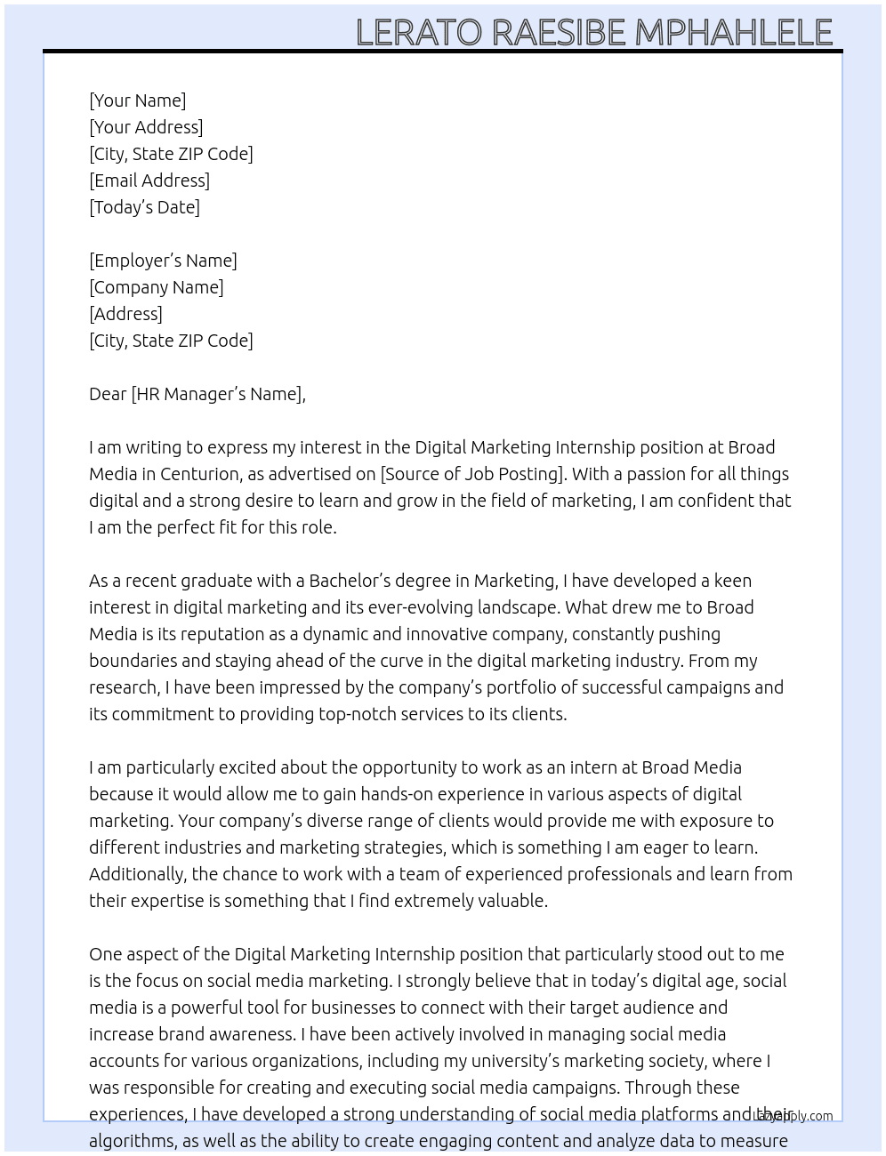 Digital Marketing Internship  At Broad Media Cover Letter