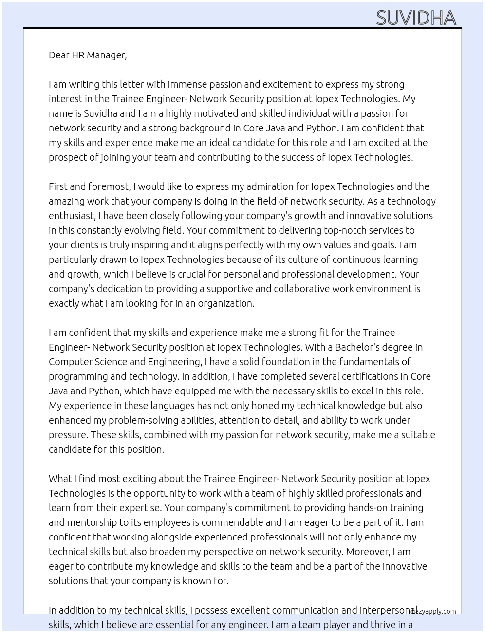 TRAINEE ENGINEER- NETWORK SECURITY At Iopex technologies  Cover Letter