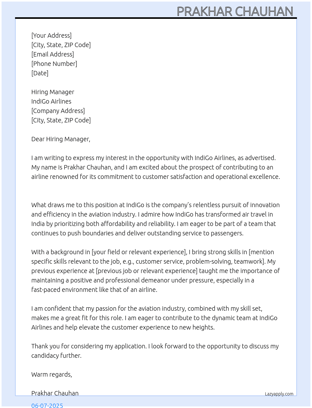 Cover letter for indigo airline job - LazyApply