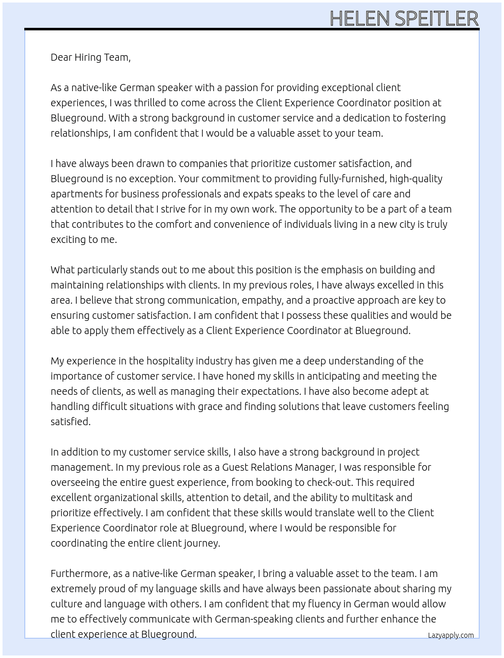Client Experience Coordinator (Native-like German Speaker) At Blueground Cover Letter
