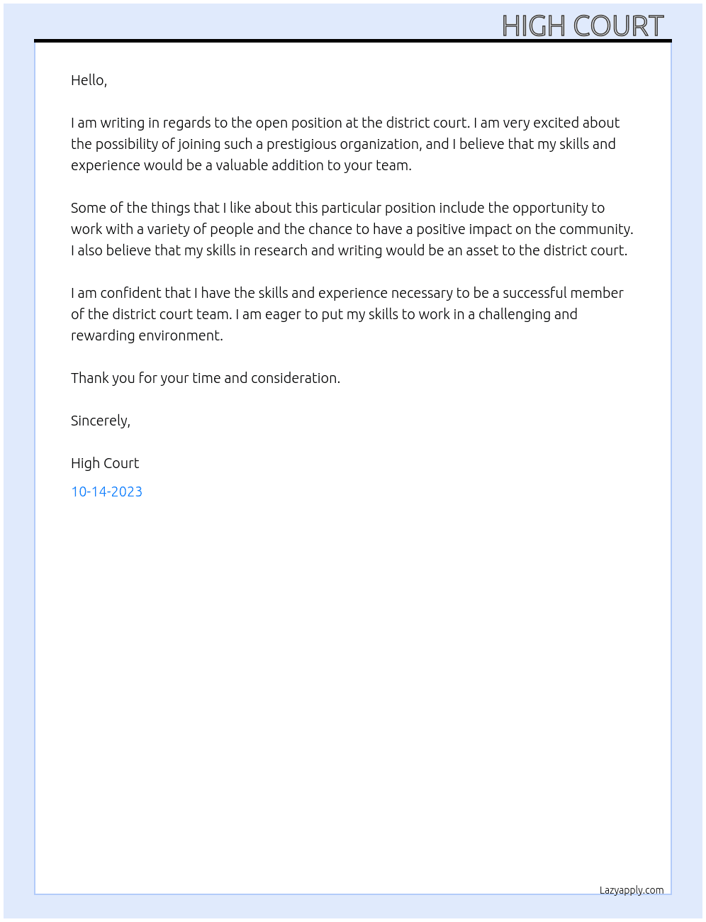 Nil particular  At District court  Cover Letter