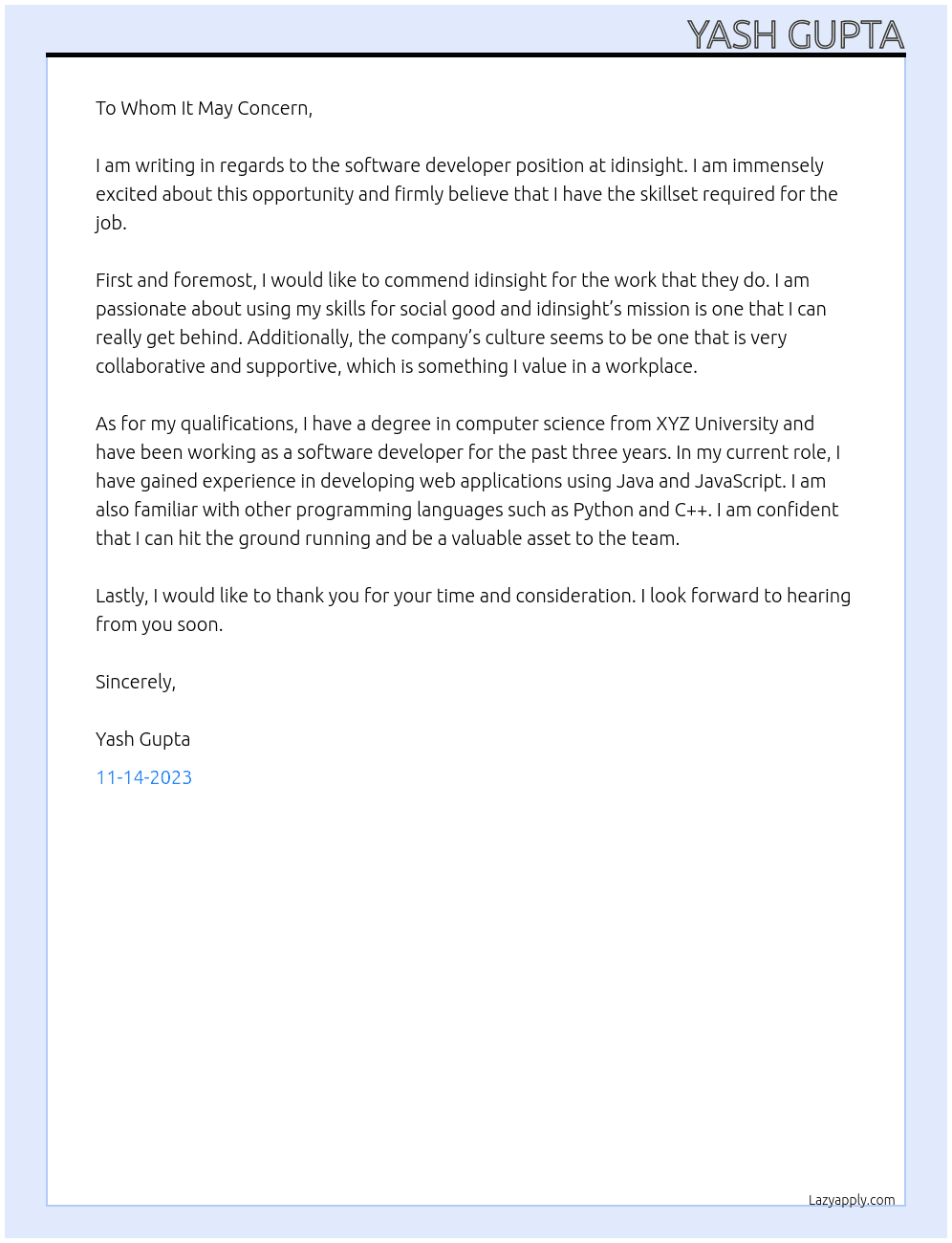 Software developer At idinsight Cover Letter