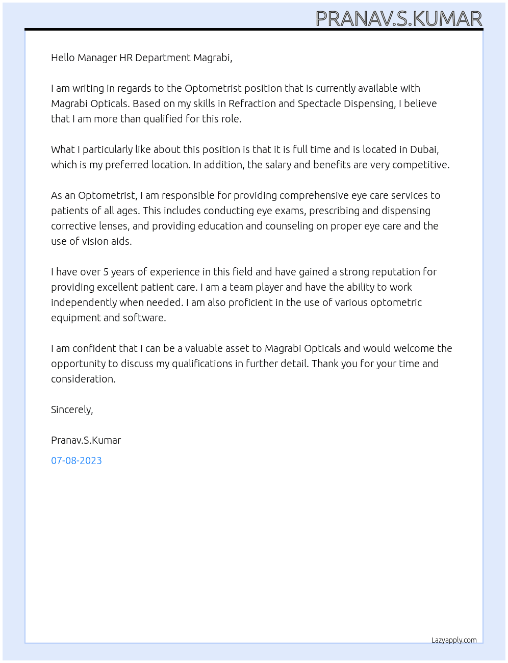 Optometrist  At Magrabi Opticals  Cover Letter