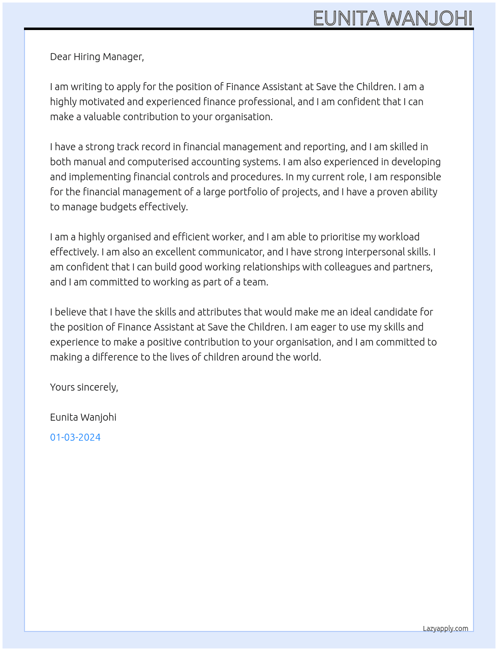 Finance Assistant At Save the Children Cover Letter