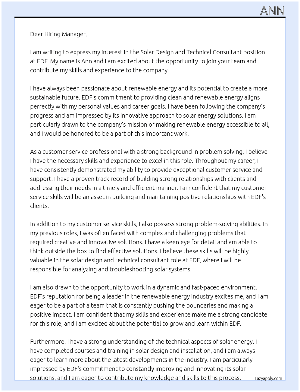 Solar Design and Technical Consultant At EDF Cover Letter